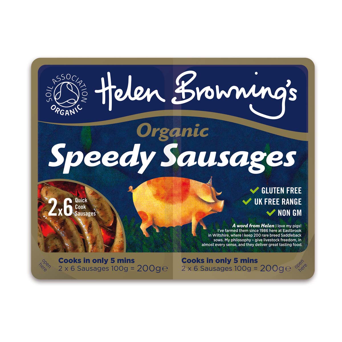 Helen Browning’s Organic Speedy Sausages pack design